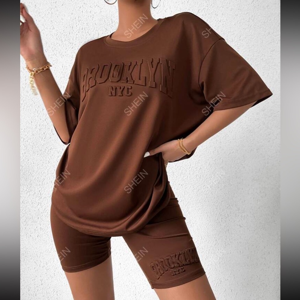 SHEIN EZwear Letter Textured Drop Shoulder Tee & Biker Shorts